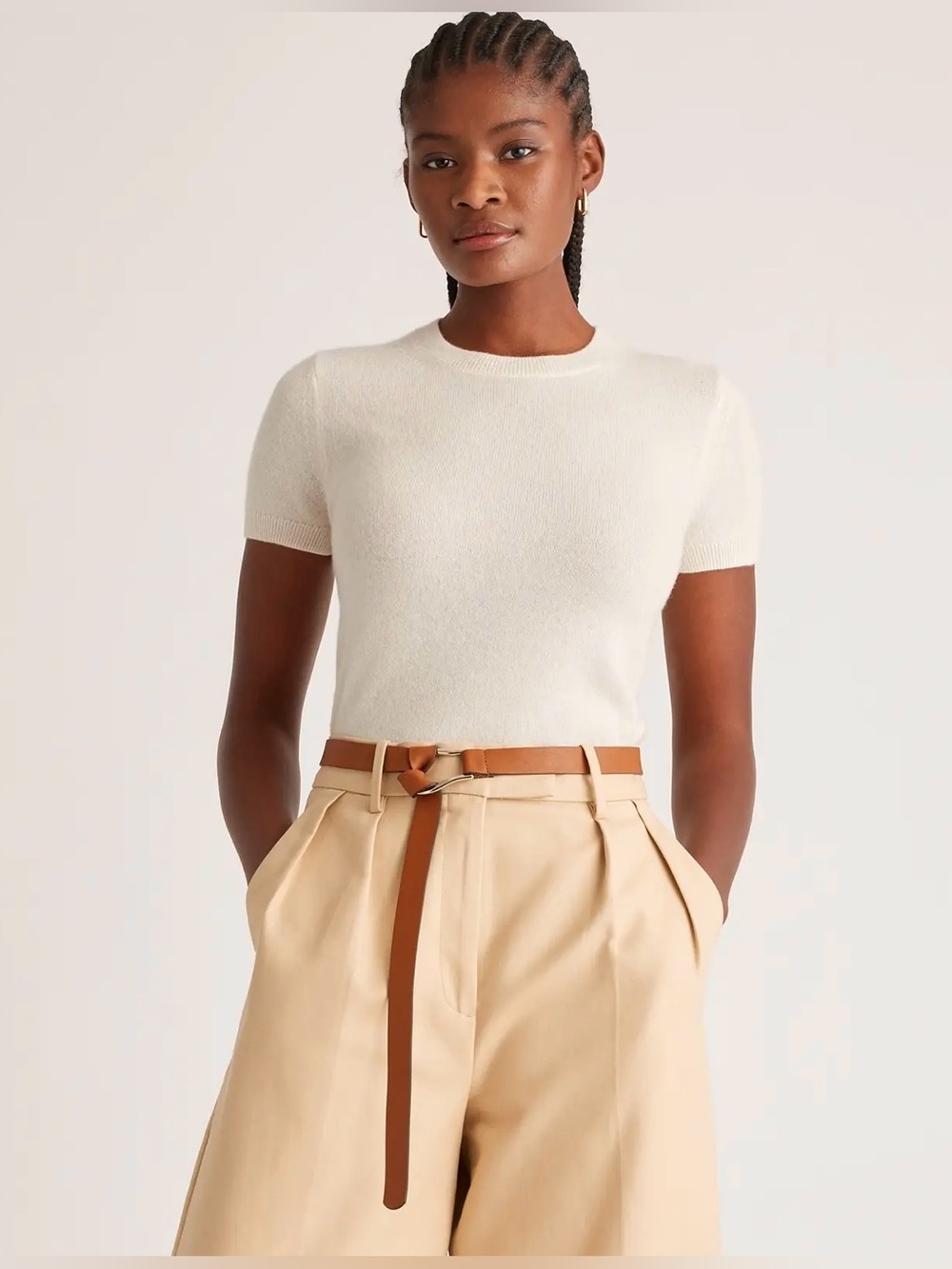 Quince 100% Mongolian Cashmere Tee Shirt Top Sweater Ivory Cream Short Sleeve L